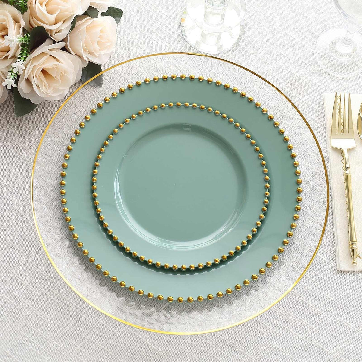 10-Pack Dusty Sage Green Plastic Dessert Plates – 8" Round with Gold Beaded Rim, Disposable for Parties & Events