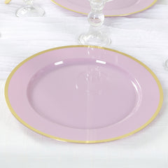 10-Pack Economy Plastic Round Charger Plates 12" in Lavender Lilac with Wide Gold Rim, Decorative Dinner Party Serving Plates