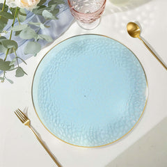10 Pack Economy Plastic Round Charger Plates 13" in Transparent Dusty Blue Hammered Design with Gold Rim, Decorative Dinner Party Serving Plates