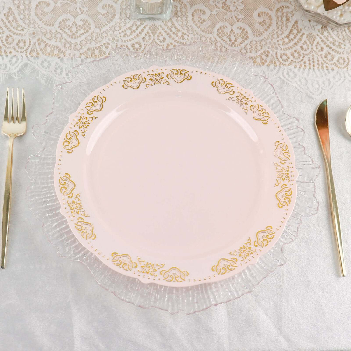 10-Pack Plastic 10" Round Dinner Plates in Blush with Gold Embossed Scalloped Edge - Chic Disposable Party Plates for Special Occasions & Banquets