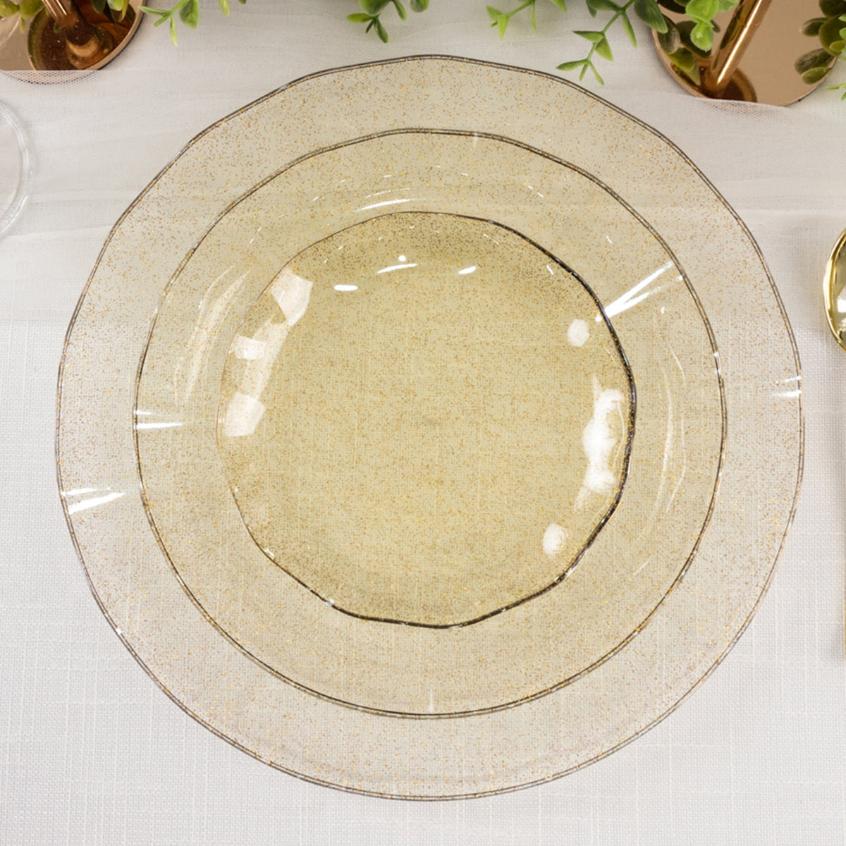 10-Pack Plastic Round 6" Dessert Plates in Gold Glitter with Ruffled Rim - Transparent Sturdy Disposable Salad Appetizer Dinnerware