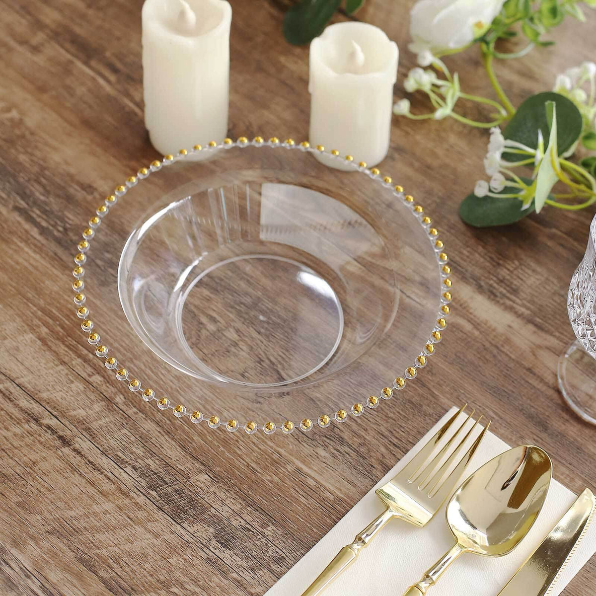 10-Pack Plastic Dessert Salad Bowls Clear Round Design with Gold Beaded Rim - Disposable Soup Bowls 12oz