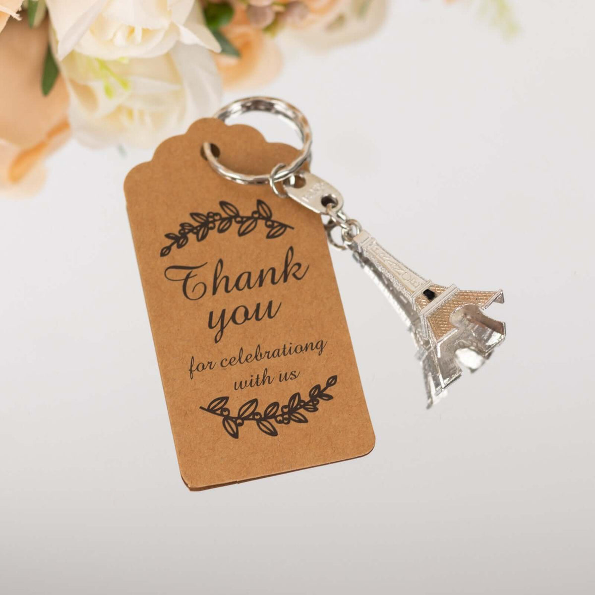 10 Pack Silver Plastic Paris Eiffel Tower Keychain Wedding Favors, 4" Bridal Shower Party Souvenirs With Thank You Tag