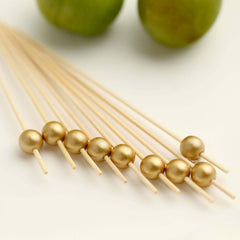 100-Pack Bamboo Cocktail Picks Gold Pearl Decorative Top Design - Eco Friendly Stir Sticks 4.5"