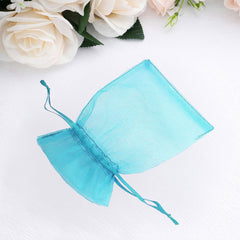 100 Pack Turquoise Organza Gift Bags with Drawstring, 4" x 6" – Wedding Party Favor Bags