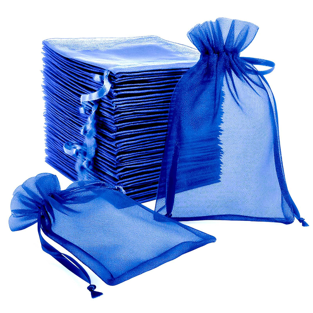 100 Pack Royal Blue Organza Gift Bags with Drawstring, 6" x 9" – Wedding Party Favor Bags