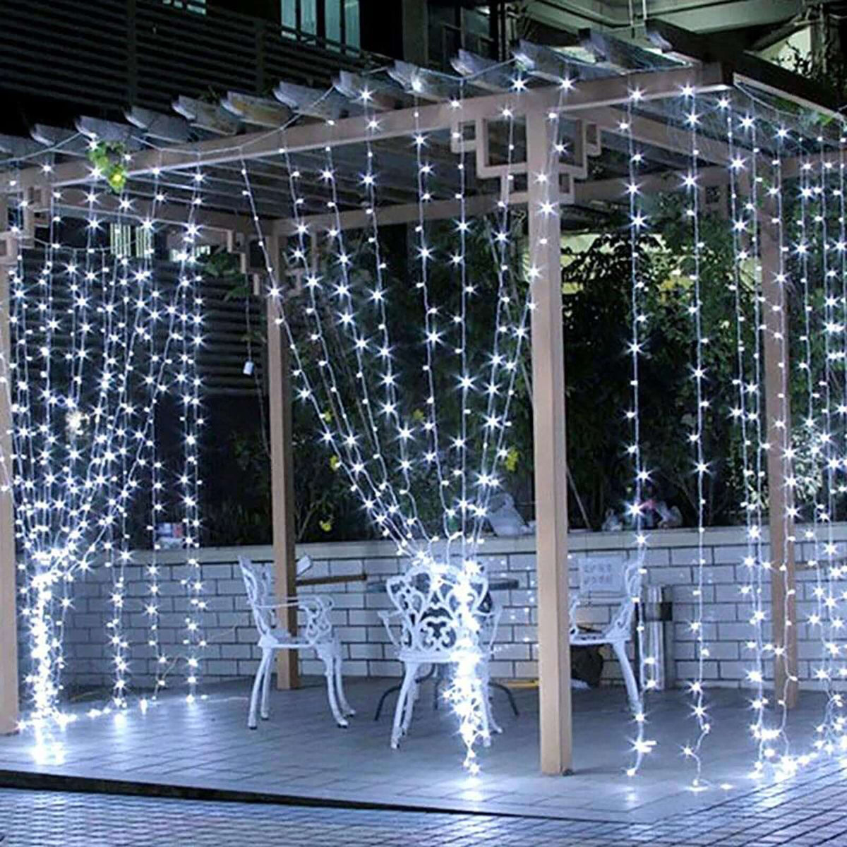 10ft Cool White 300 LED Icicle Curtain Fairy String Lights with 8 Modes & Inline Memory Controller