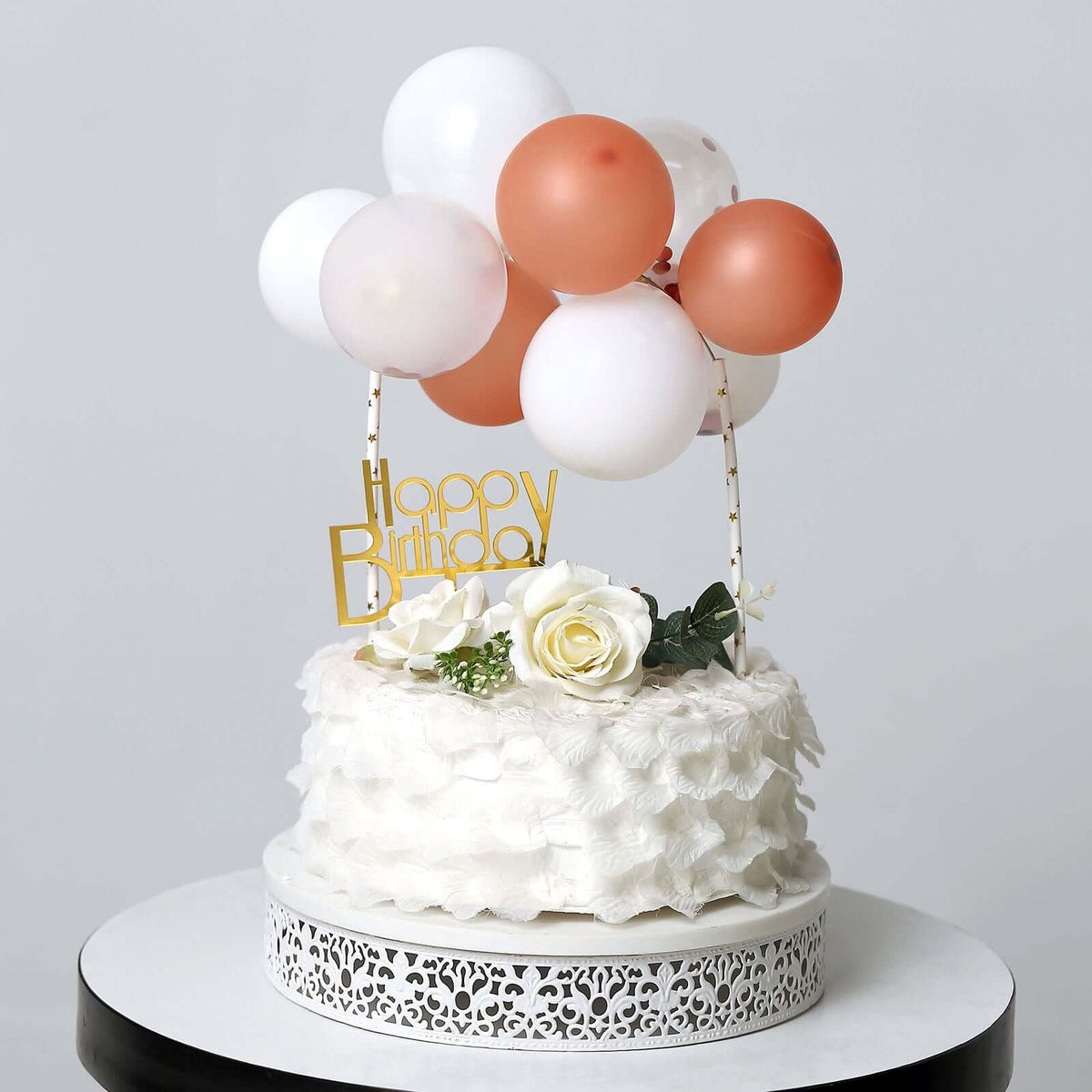 11 Pcs Balloon Cake Topper Clear, Rose Gold and White - Whimsical Clustered Mini Garland Cake Inserts DIY Party Decorations