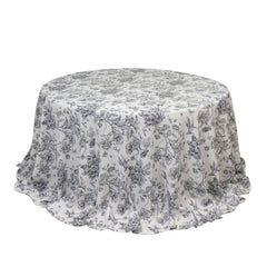 Polyester 132" Round Tablecloth White - Black French Toile Pattern for Chic Weddings