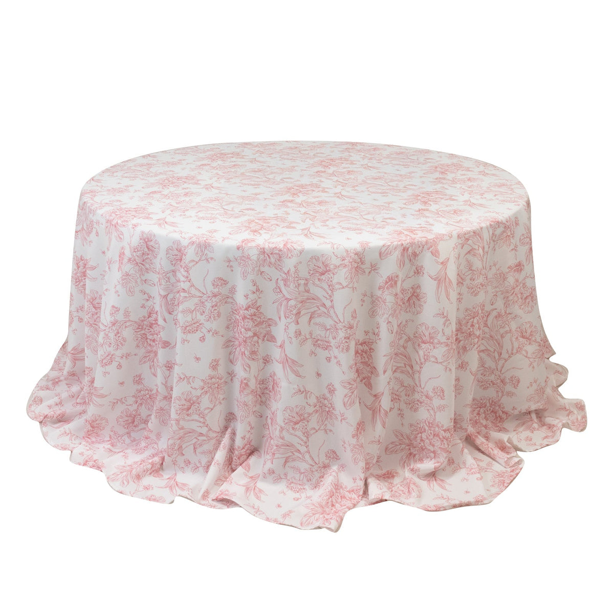 Polyester 132" Round Tablecloth White - Pink French Toile Pattern for Chic Weddings