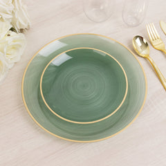 20-Pack 7" Plastic Salad Dessert Plates, Round Transparent Dusty Sage Green Swirl with Gold Rim – Crystal-Like Elegant Party Plates