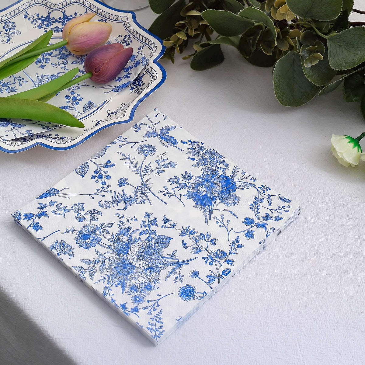 20-Pack Paper Cocktail Napkins with French Toile Print White/Blue - Disposable 2 Ply Beverage Napkins for Events 6.5"x6.5"