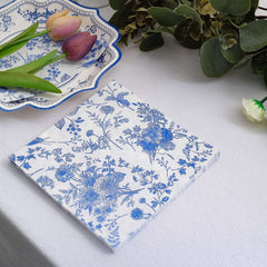 20-Pack Paper Cocktail Napkins with French Toile Print White/Blue - Disposable 2 Ply Beverage Napkins for Events 6.5"x6.5"