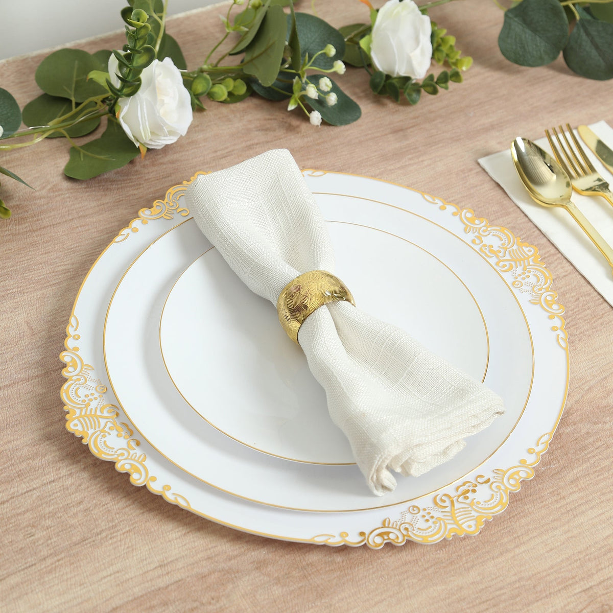 20-Pack Economy Plastic Round Charger Plates 13" in White with Gold Embossed Baroque Rim, Stylish Dinner Party Serving Plates