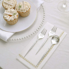 24-Pack Plastic Fork and Spoon Set Metallic Silver - Heavy Duty Disposable Modern Utensils 6"