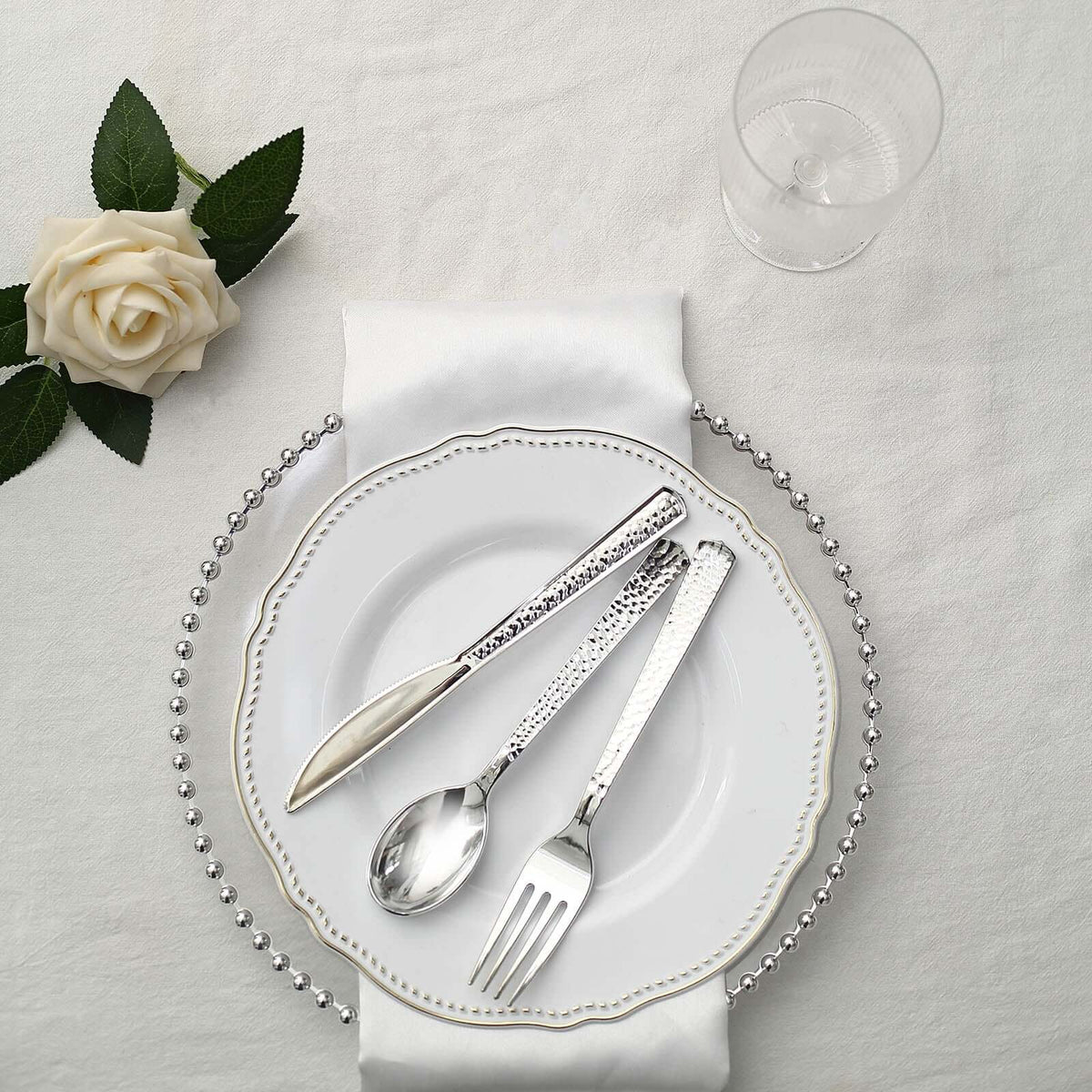 24-Pack Plastic Silverware Set with Hammered Design Silver - Heavy Duty Disposable Utensils 7"