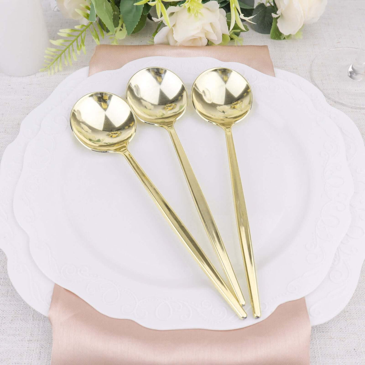 24-Pack Plastic Spoons Glossy Gold - Premium Heavy Duty Disposable Silverware 8"