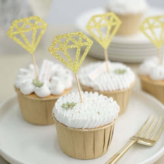 24-Pack Cupcake Toppers Diamond Ring Design Glitter Gold - Party Cake Picks Engagement Decoration Supplies