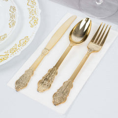 24 Pcs Plastic Silverware Set in Baroque Style Metallic Gold - Heavy Duty Disposable Knife, Fork, and Spoon Set