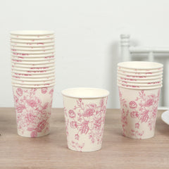 24-Pack Paper Cups in White with Pink French Toile Print - Stylish Disposable Floral Party Cups for Weddings & All Purpose Use 9oz