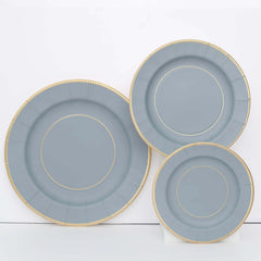 25-Pack Paper 10" Round Dinner Plates in Dusty Blue Sunray Design with Gold Rim - Disposable Heavy Duty 350GSM Party Plates