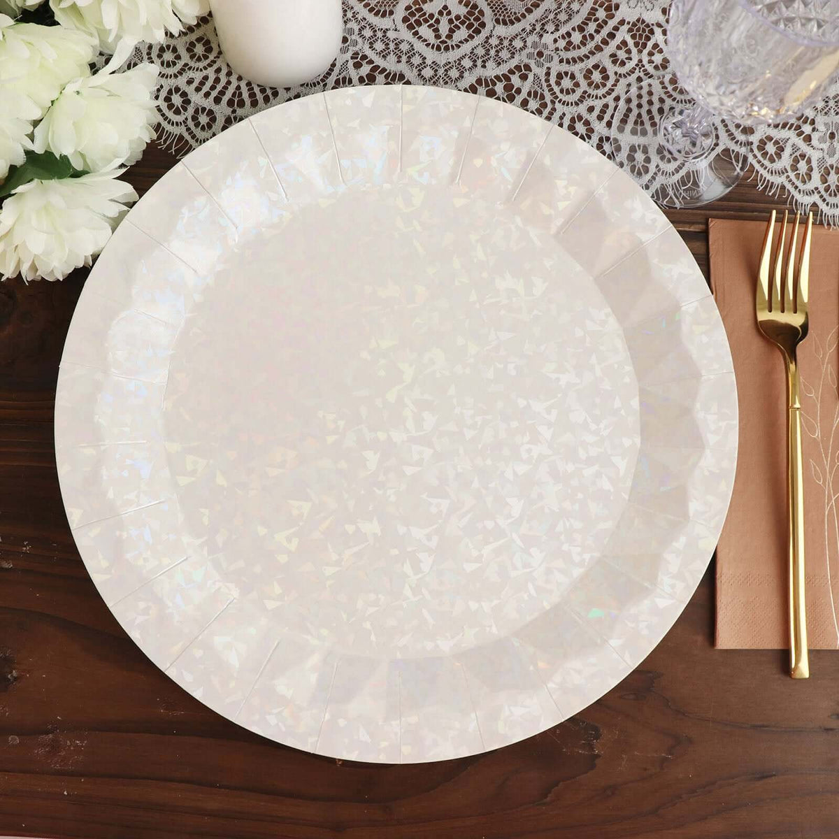 25-Pack Paper 12" Round Charger Plates in Iridescent with Geometric Prism Design - Disposable 400GSM Serving Trays