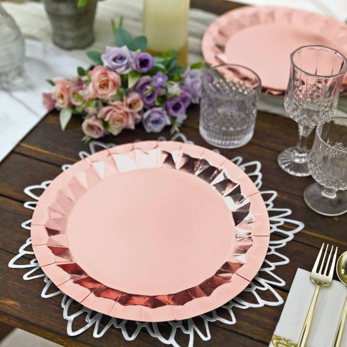 25-Pack Paper 12" Round Charger Plates in Metallic Rose Gold with Geometric Prism Design - Disposable 400GSM Serving Trays