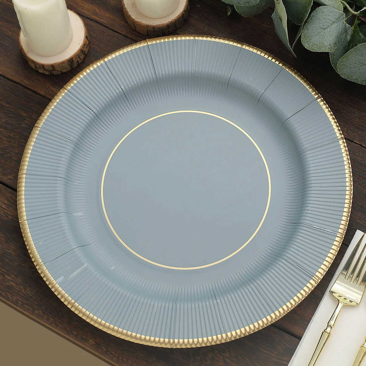 25-Pack Disposable Round Charger Plates in Dusty Blue Sunray Design with Gold Rim - 350GSM Heavy Duty Paper Chargers 13"