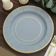 25-Pack Disposable Round Charger Plates in Dusty Blue Sunray Design with Gold Rim - 350GSM Heavy Duty Paper Chargers 13"