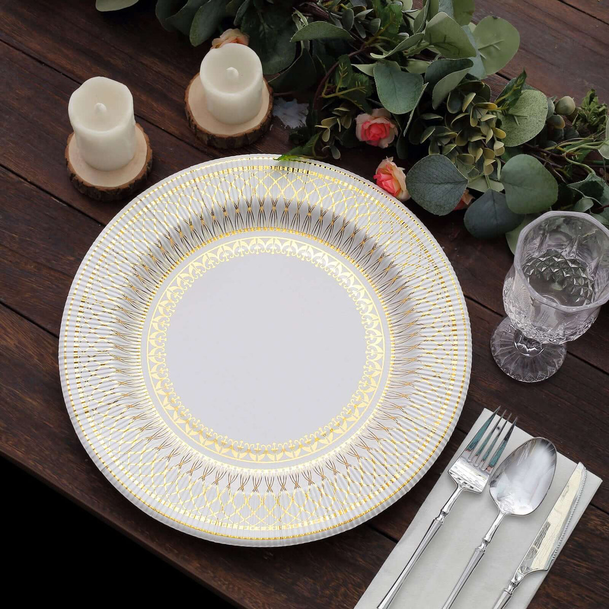 25-Pack Disposable Round Charger Plates in White/Gold Vintage Style - 350GSM Durable Paper Chargers for Events 13"