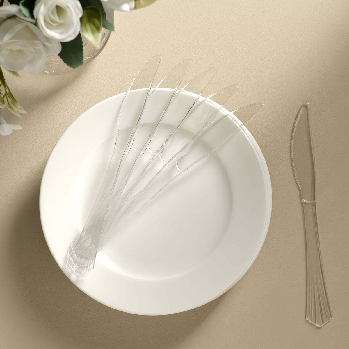 25-Pack Plastic Knives Clear Heavy Duty with Fluted Handles - Durable Disposable Utensils 7"
