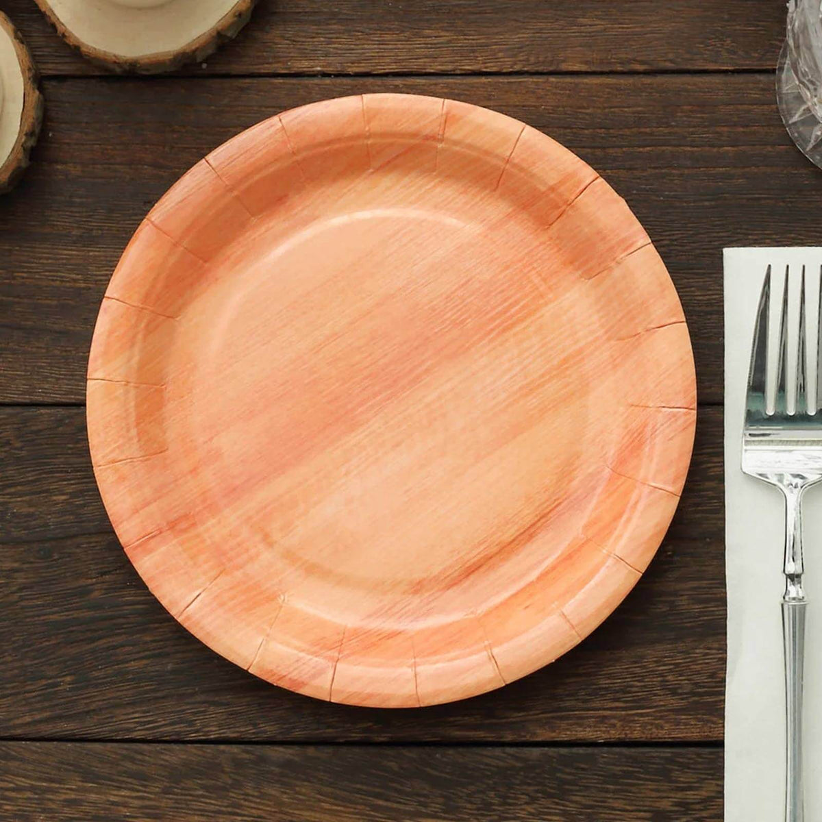 25-Pack Paper 7" Round Dessert Plates in Natural Wood Grain Print - Disposable Appetizer Salad Plates for Rustic Farmhouse Style Events