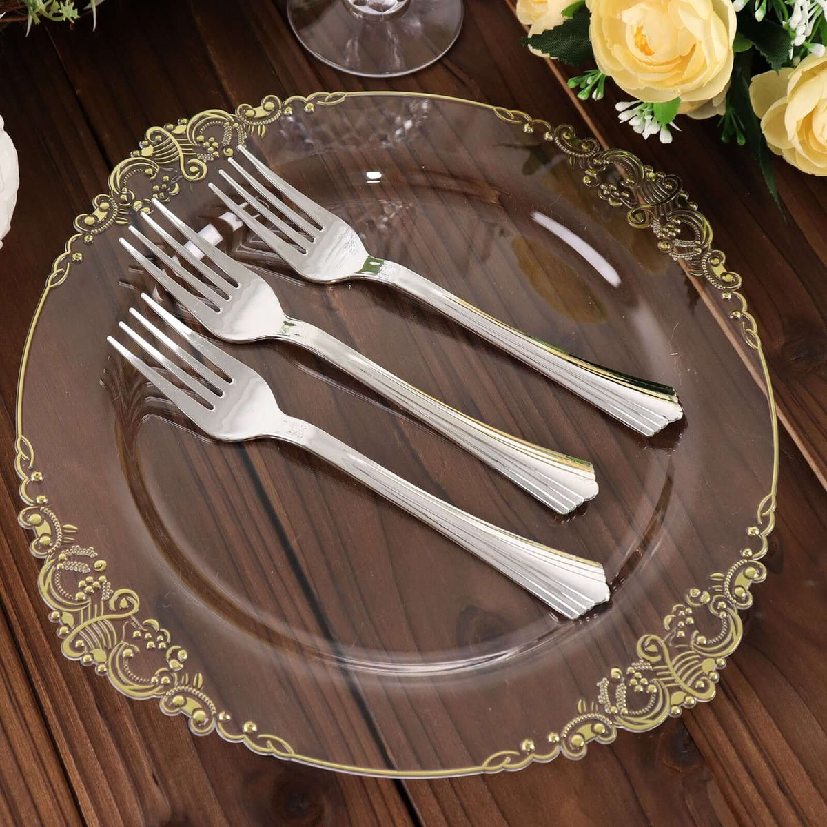 25-Pack Plastic Forks Silver Heavy Duty with Fluted Handles - Durable Disposable Tableware 7"