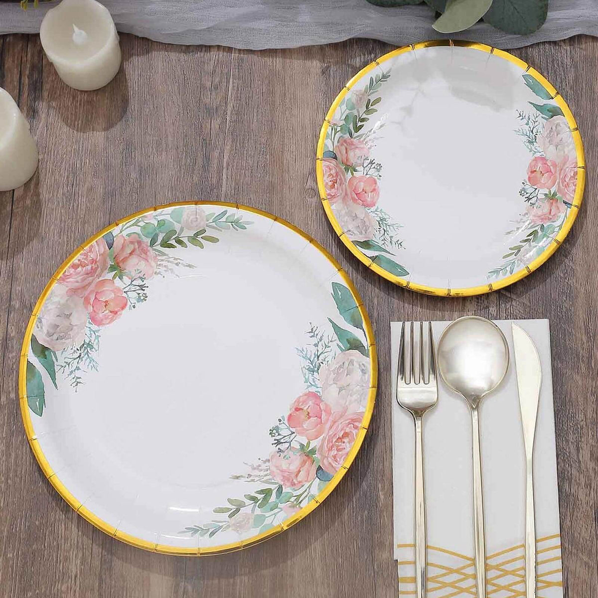 25-Pack Paper 7" Round Dessert Plates in White with Peony Floral Design & Gold Rim - Disposable Floral Salad Appetizer Plates for Brunches & Afternoon Teas