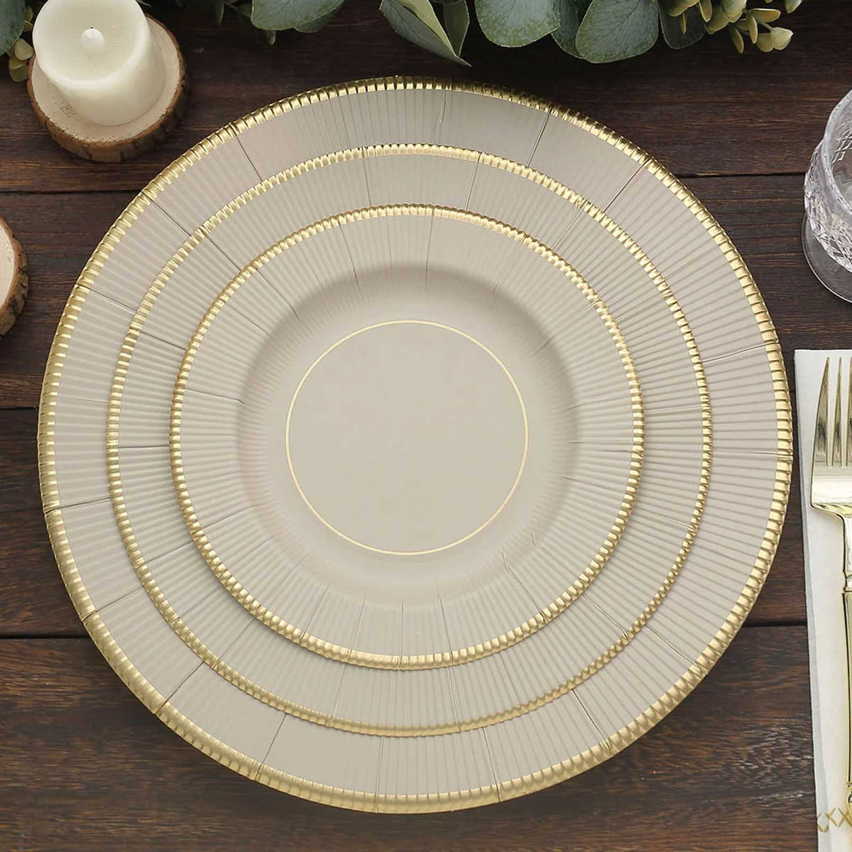 25-Pack Paper 8" Round Dessert Plates in Taupe Sunray Design with Gold Rim - Disposable Heavy Duty 350GSM Appetizer Salad Plates