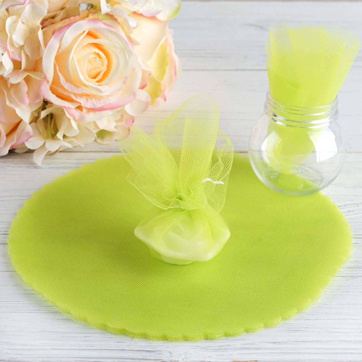 25 Pack 9" Apple Green Sheer Nylon Tulle Circles Favor Wrap, DIY Craft Fabric