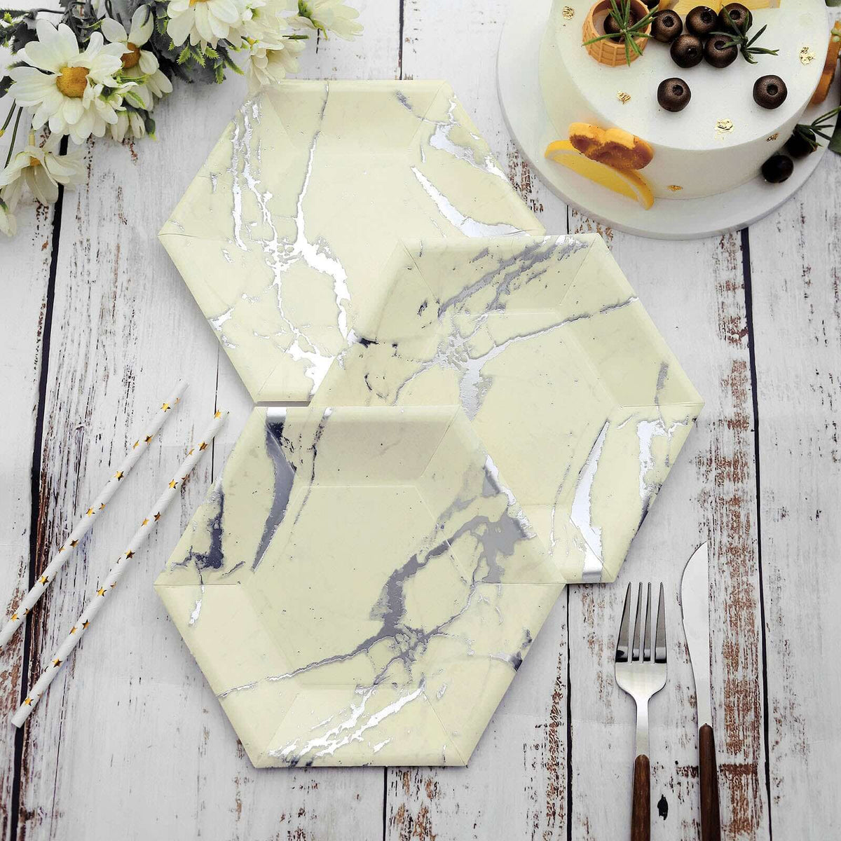 25-Pack Paper 8.5" Hexagon Dessert Plates in Ivory with Silver Marble Design - Disposable Geometric 400GSM Appetizer Salad Plates for Events & Banquets