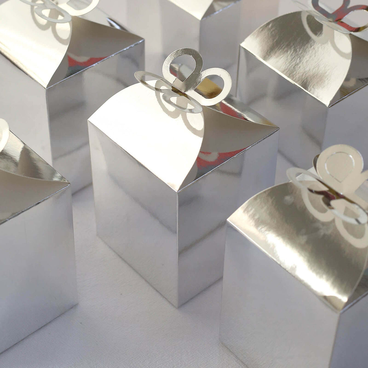 25 Pack Metallic Silver Butterfly Top Premium Party Favor Boxes, Cardstock Candy Gift Boxes - 250 GSM