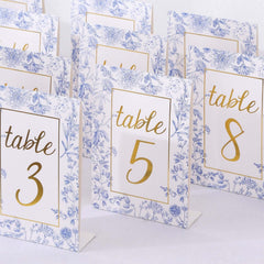 25-Pack Paper Wedding Table Numbers 1-25 White/Blue French Toile Design - Free Standing Double Sided Table Signs with Glam Gold Foil Numbers 7"