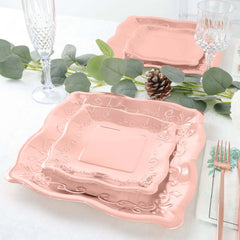 25-Pack Paper 7" Square Dessert Plates in Rose Gold with Vintage Pottery Embossed Design - Shiny Metallic Disposable Appetizer Plates