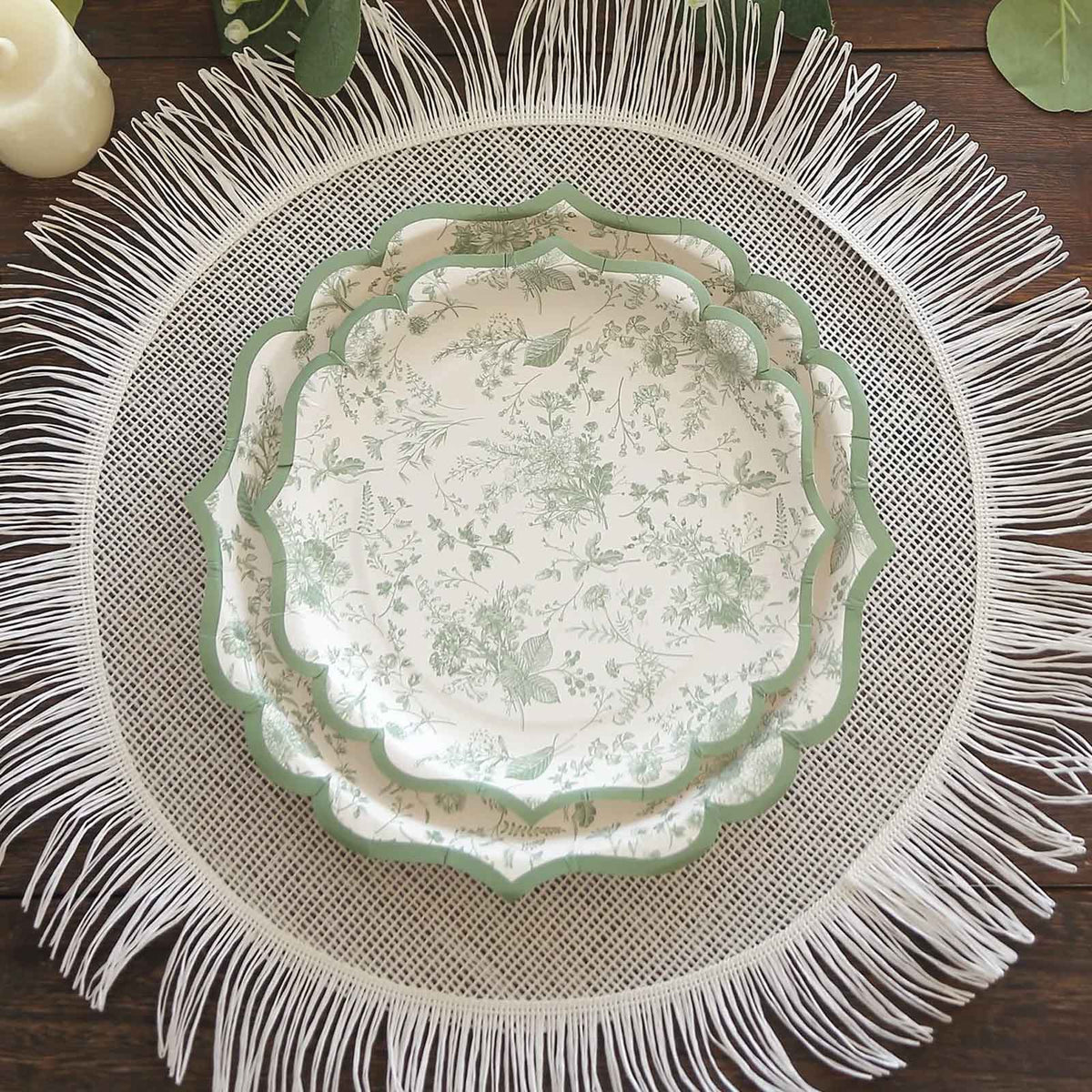 25-Pack Paper 8" Dessert Plates in White with Sage Green French Toile Design & Scalloped Rim - Disposable 300GSM Salad Appetizer Plates for Stylish Table Decor
