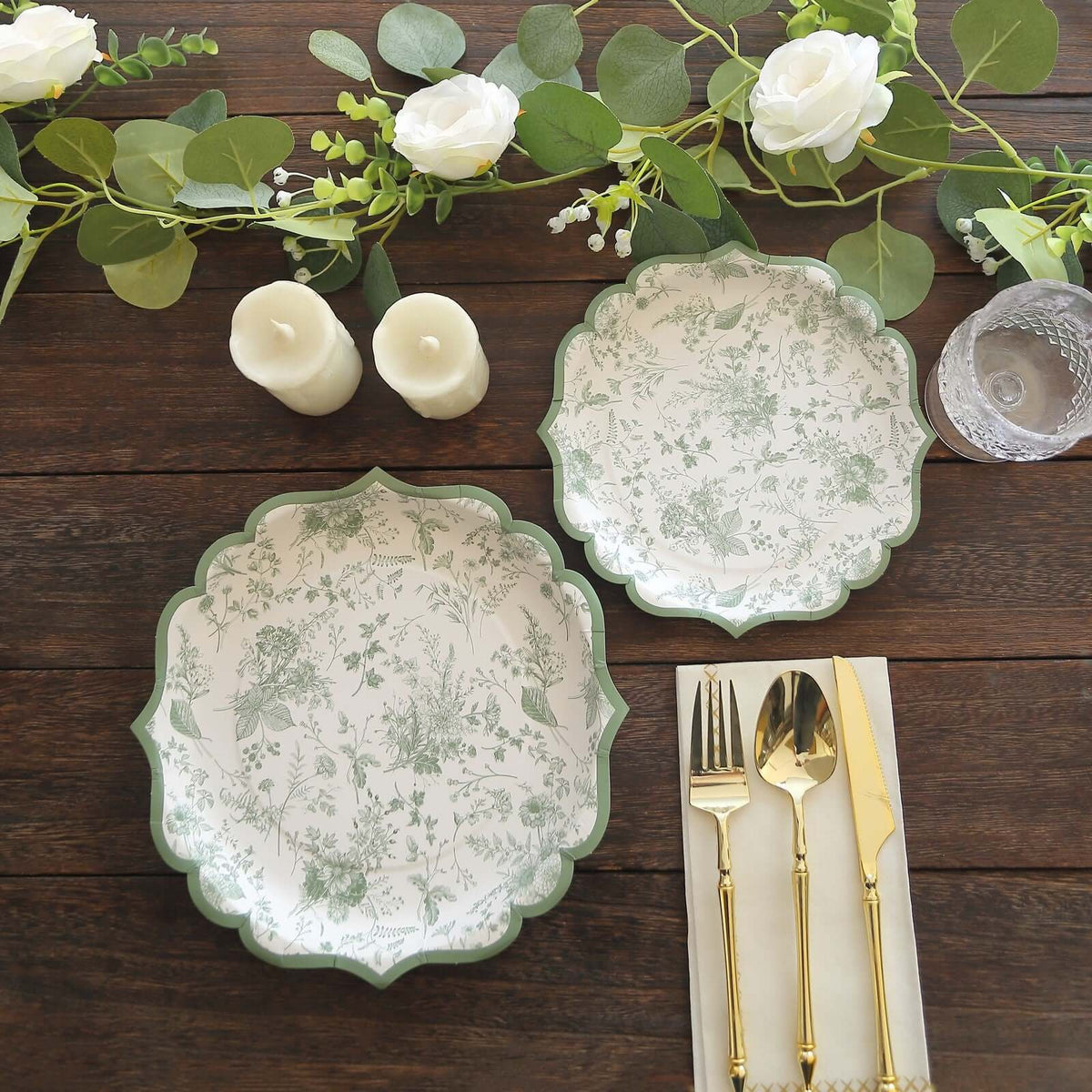 25-Pack Paper 10" Dinner Plates in White with Sage Green French Toile Design & Scalloped Rim - Disposable 300GSM Party Plates for Classy Events & Special Occasions