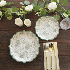 25-Pack Paper 10" Dinner Plates in White with Sage Green French Toile Design & Scalloped Rim - Disposable 300GSM Party Plates for Classy Events & Special Occasions