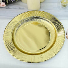 25-Pack Disposable Round Charger Plates in Metallic Gold Sunray Design - 350GSM Heavy Duty Paper Chargers for Chic Table Settings 13"