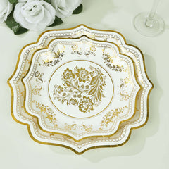 25-Pack Paper Dessert Plates in White with Gold Damask Floral Print & Scallop Rim - Stylish Disposable 300GSM Floral Salad Appetizer Plates for Weddings & Events 8"