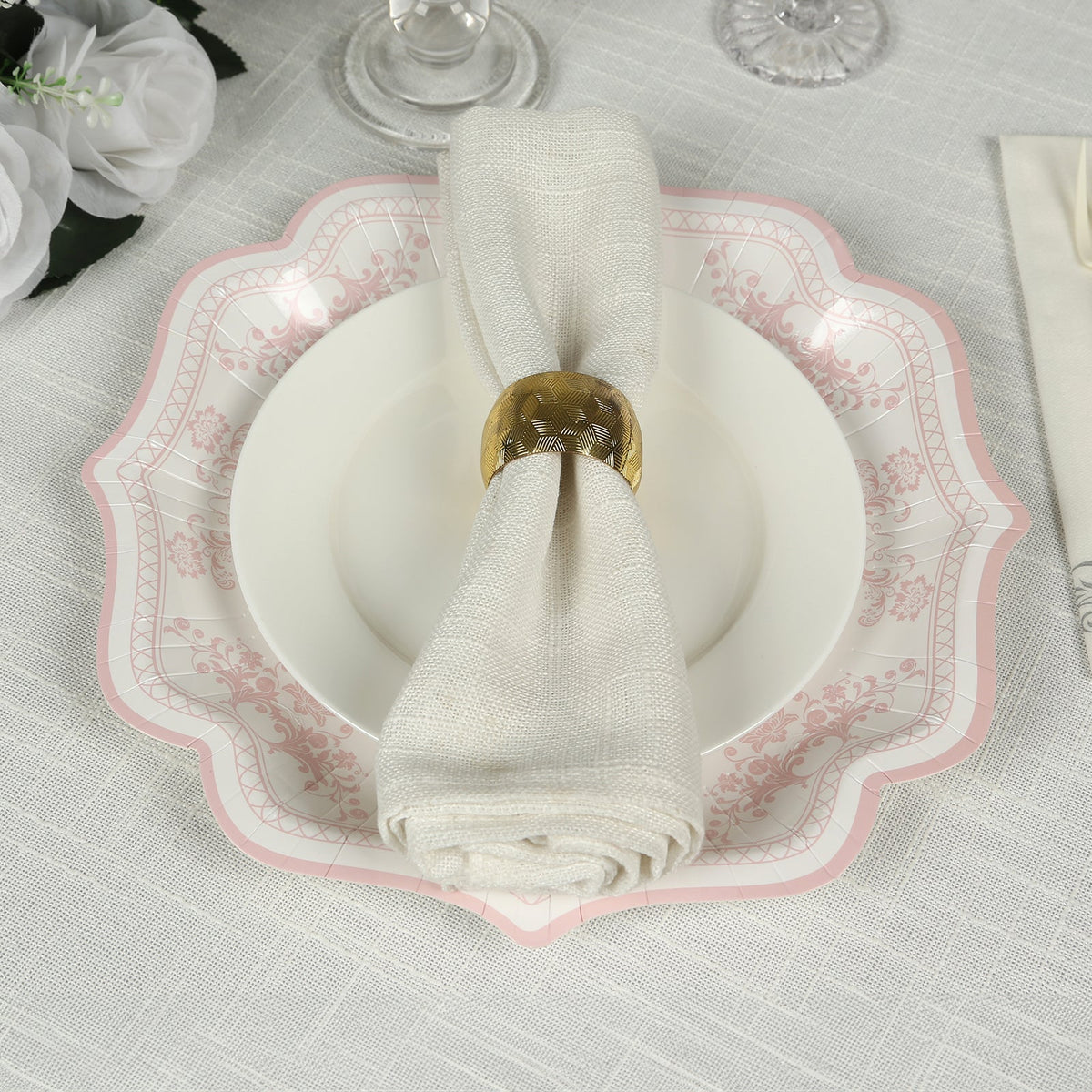 25-Pack Paper Dessert Plates in White with Pink Damask Floral Print & Scallop Rim - Stylish Disposable 300GSM Floral Salad Appetizer Plates 8"