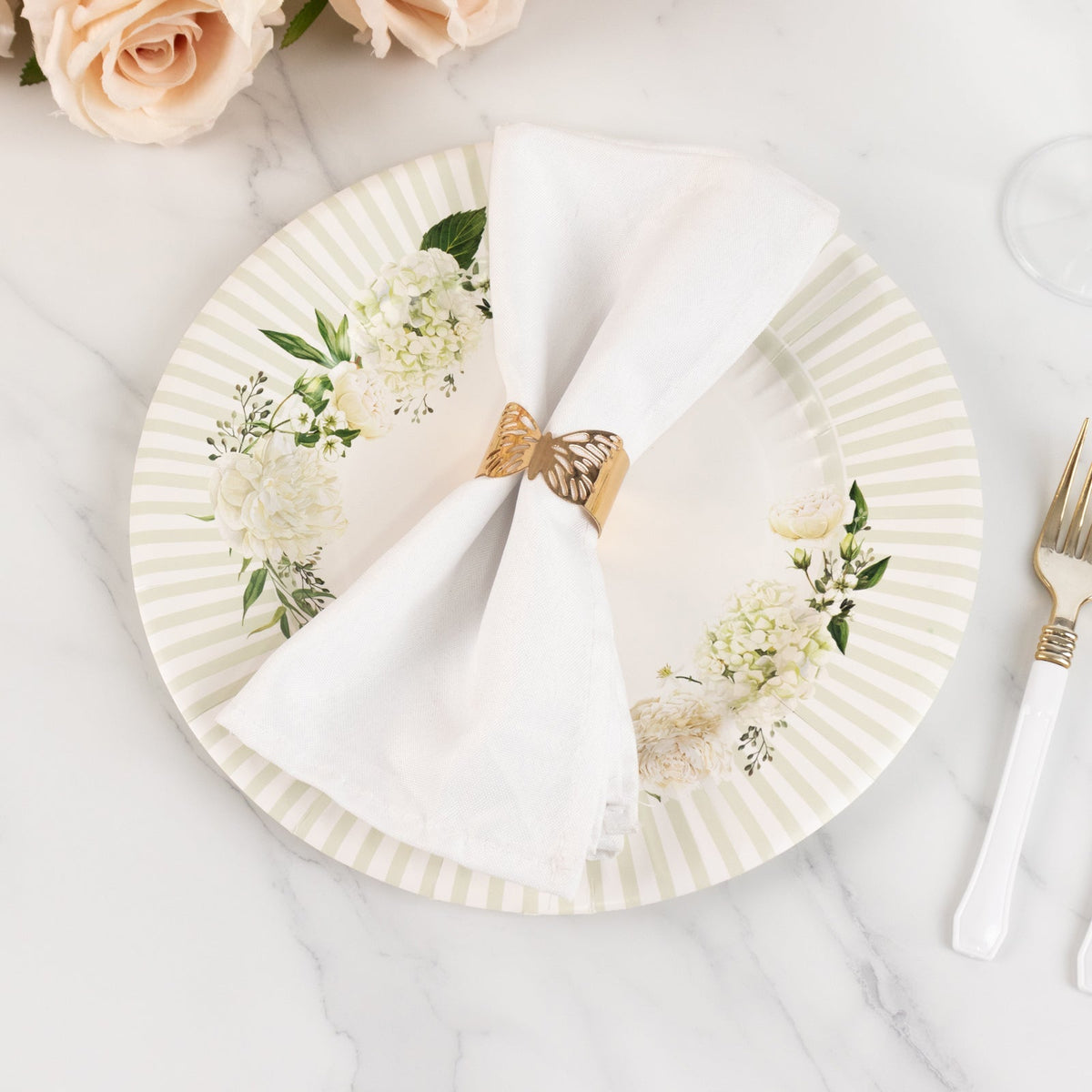 25-Pack Paper 10" Round Dinner Plates in White with Sage Green Floral Print & Lined Rim - Disposable Party Plates for Bridal Showers & Luncheons