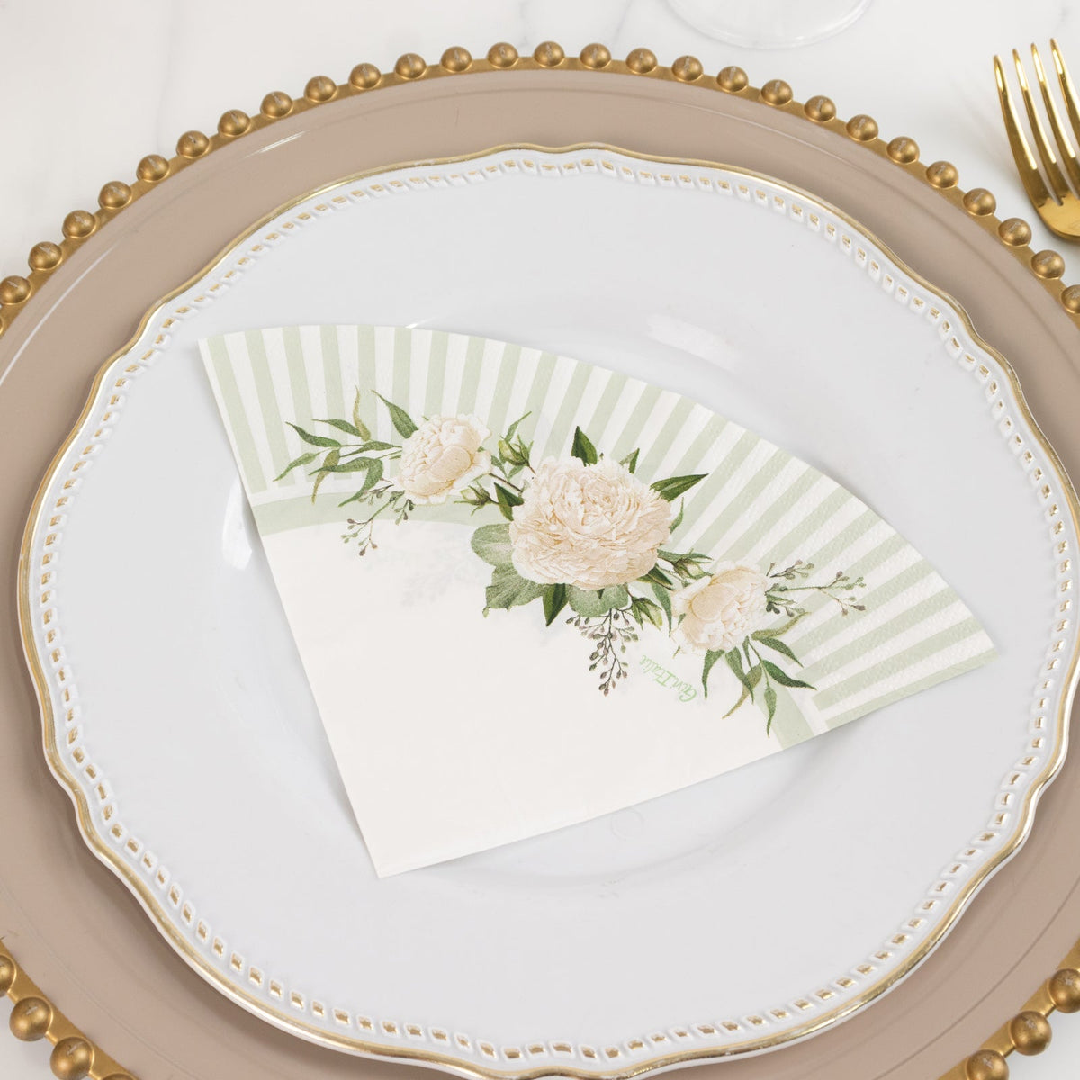 25-Pack Round Paper Cocktail Napkins with Floral Lined Pattern White/Sage Green - Disposable 2 Ply Beverage Napkins 6"x6"