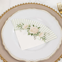 25-Pack Round Paper Cocktail Napkins with Floral Lined Pattern White/Sage Green - Disposable 2 Ply Beverage Napkins 6"x6"