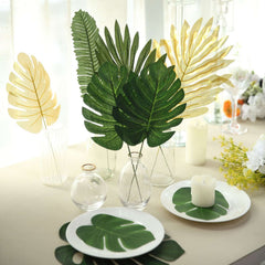 28 Pack Green And Gold Silk Tropical Monstera Palm Leaves, Assorted Artificial Jungle Theme Branches